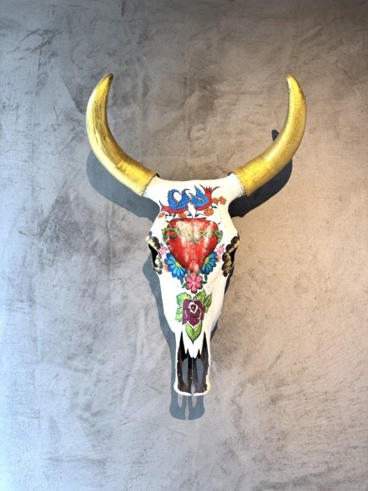 Crâne de vache peinte avec des cornes dorées, Sayulita - Mexique