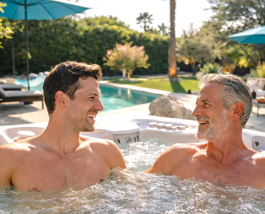 Les équipements de Villa Balāo, jacuzzi extérieur avec des beaux hommes