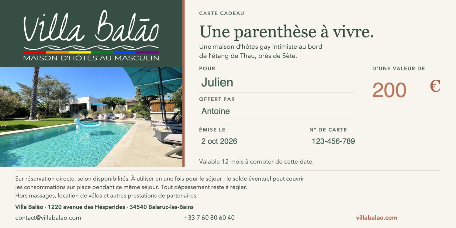 Exemple de carte cadeau personnalisée Villa Balāo
